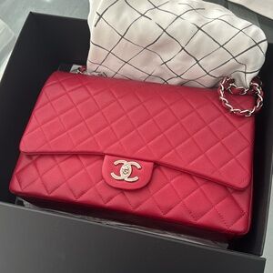 CHANEL Red Quilted Caviar Jumbo Classic Double Flap Bag with Silver Hardware